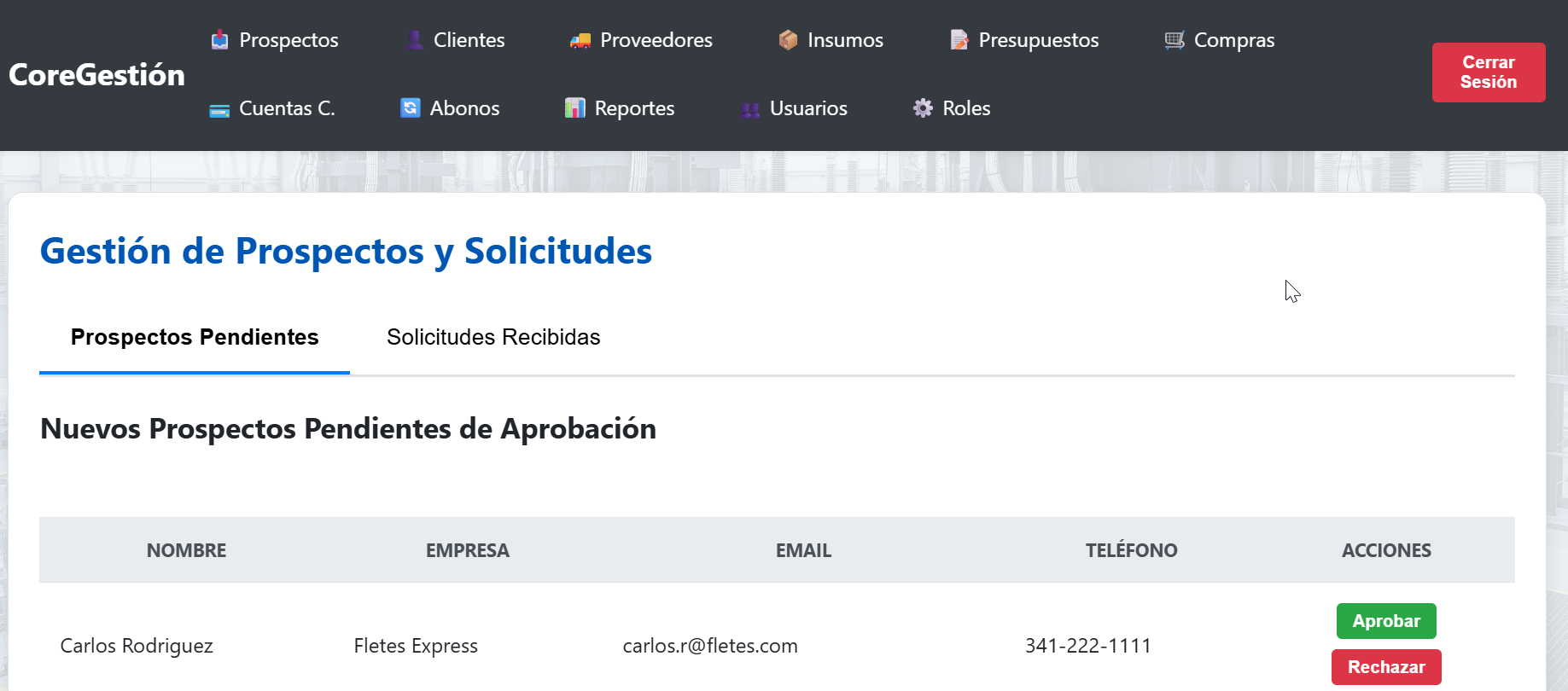 Vista del Dashboard Principal de CoreGestión